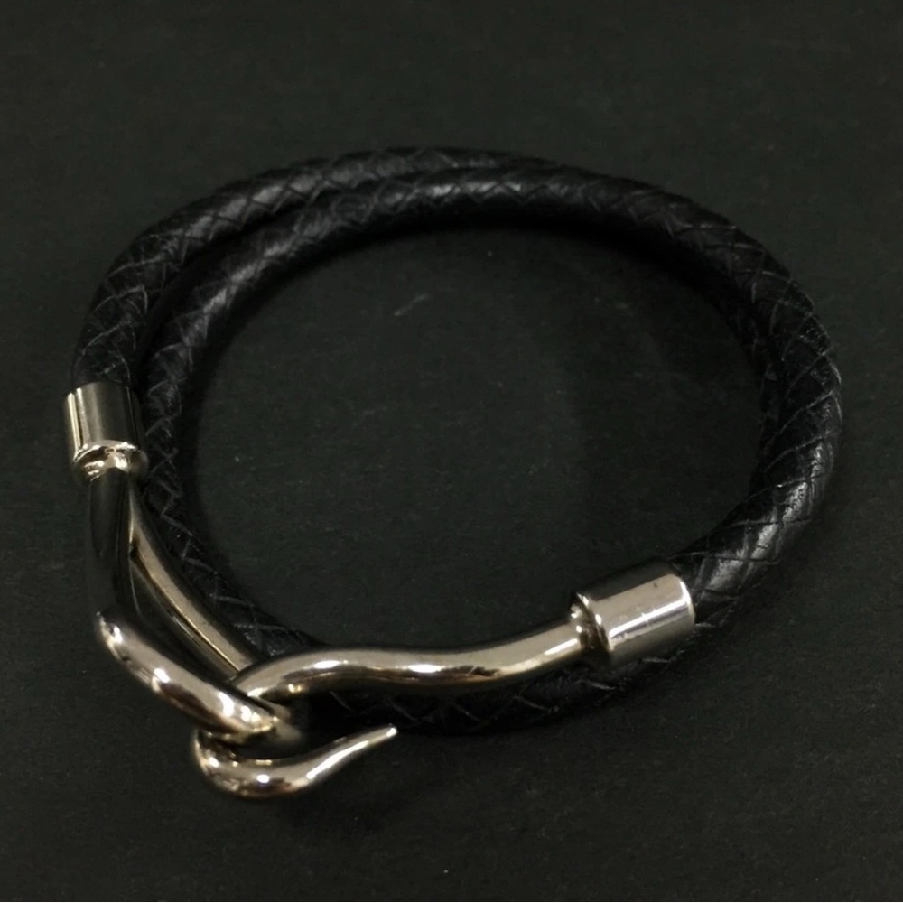 Hermes Paladium Jumbo Hook Black Leather Braided Double Wrap Bracelet